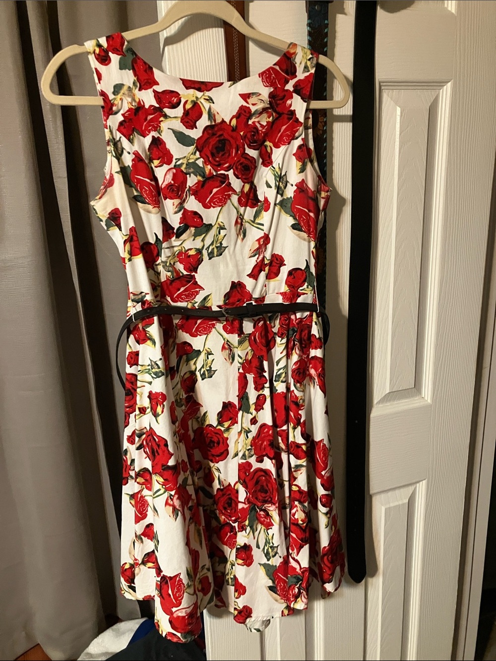 White Midi Dress with Red Rose Print and Belt